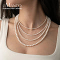 EManco New Imitation Pearl Necklace Round Multi Size White Pearl Stainless Steel 14K Gold Plated Link Chain Women's