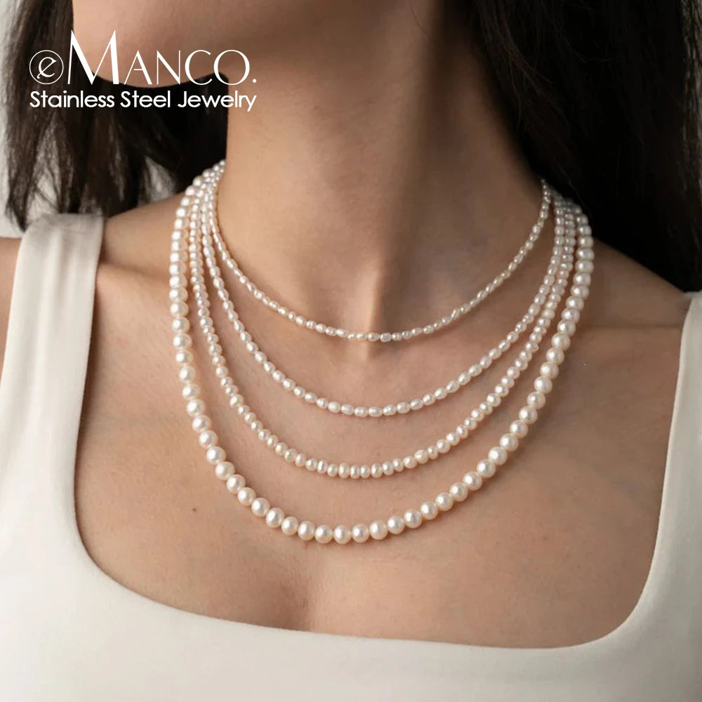 EManco New Imitation Pearl Necklace Round Multi Size White Pearl Stainless Steel 14K Gold Plated Link Chain Women's