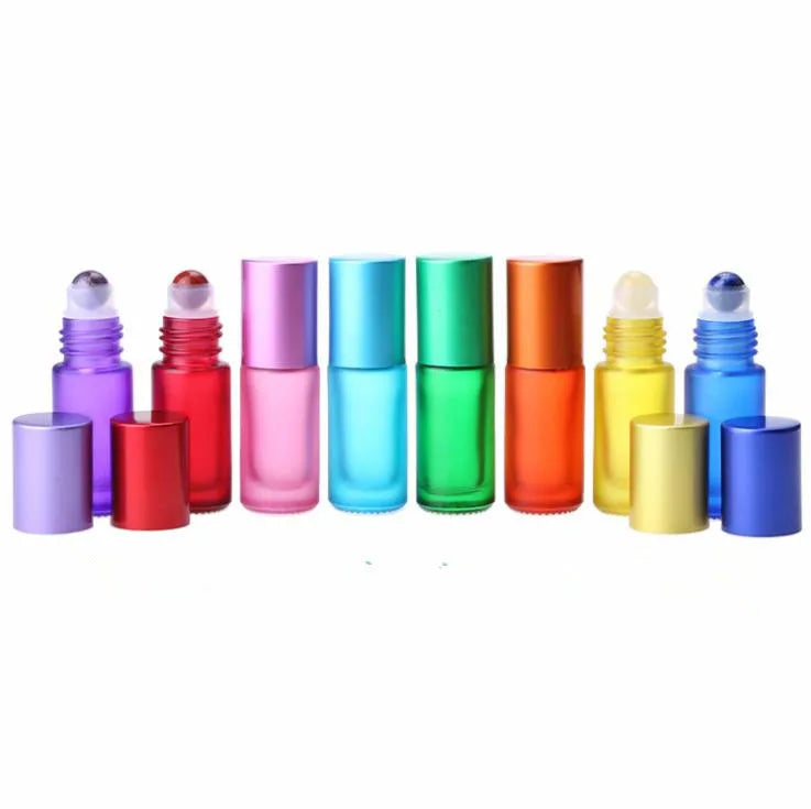Custom logo 5ml rainbow Glass Roll on Bottle With Gemstone Roller Ball for Perfume/essential Oil MegaBDM