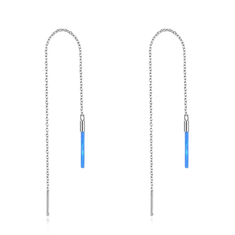 Fine Jewelry 925 Sterling Silver Long Ear Line Opal Bar Drop Threader Earrings for Women