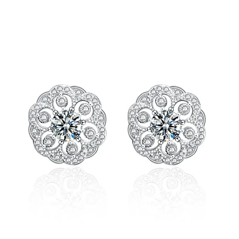 Luxury Female VVS Moissanite Diamond Stud Earrings Flowers Earrings for Women Vintage Double Earrings 925 Sterling Silver Simple