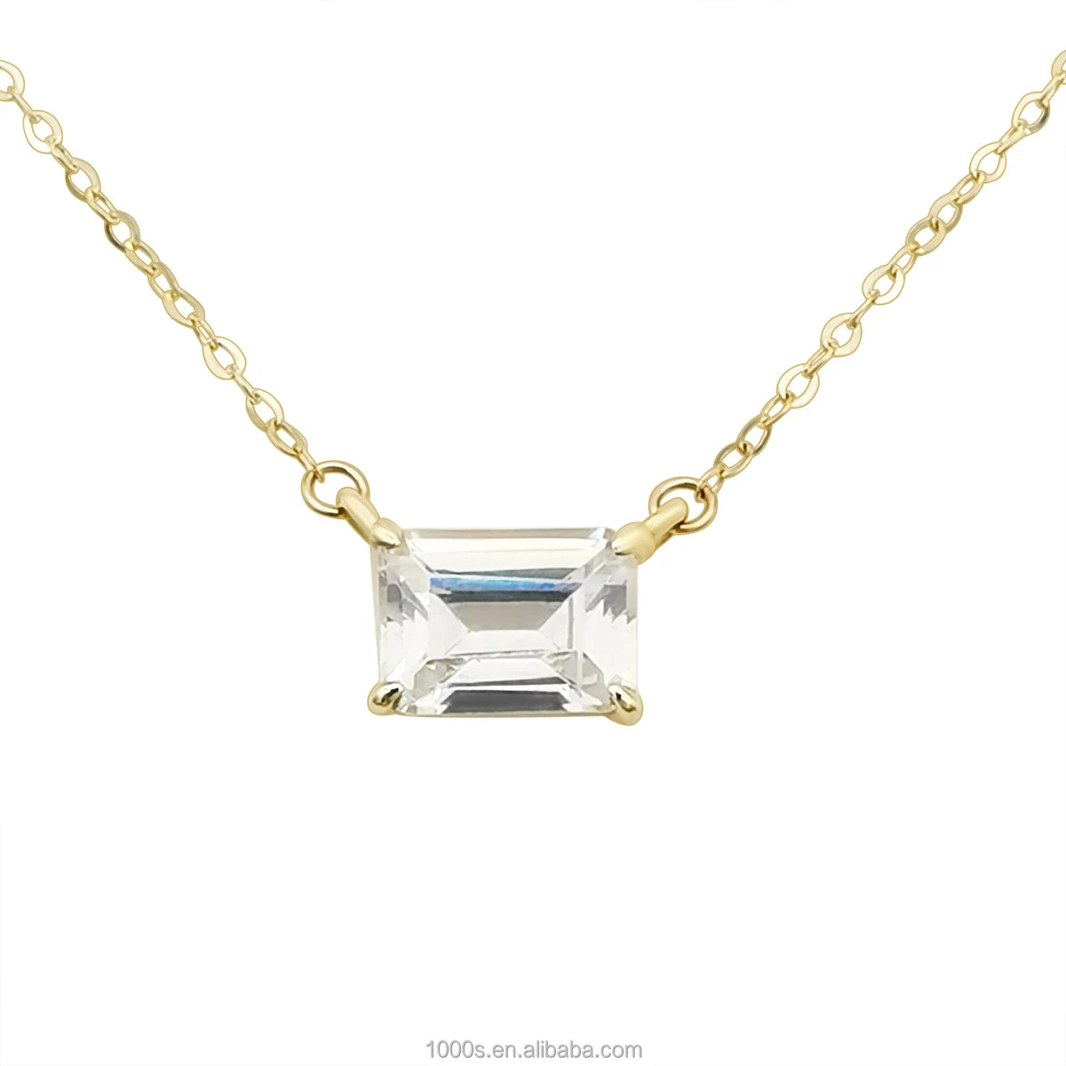 Rectangular 9k Real Gold Baguette Emerald Cut Eternity Zircon Necklace Woman