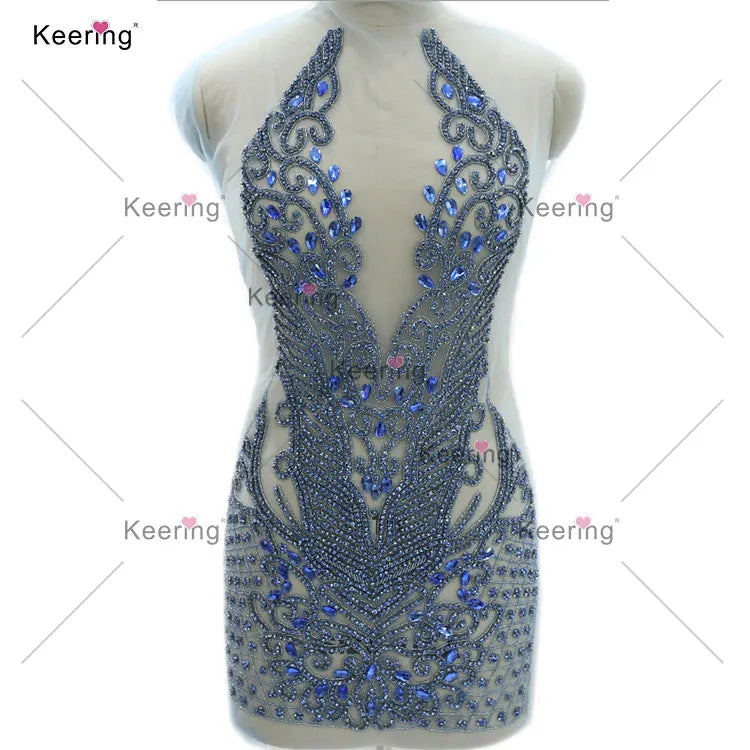 WDP-395 Wedding Party Sparkly Crystal Custom Color Rhinestone Light Blue Gold Cut Out Purple Bodice Applique for Dress