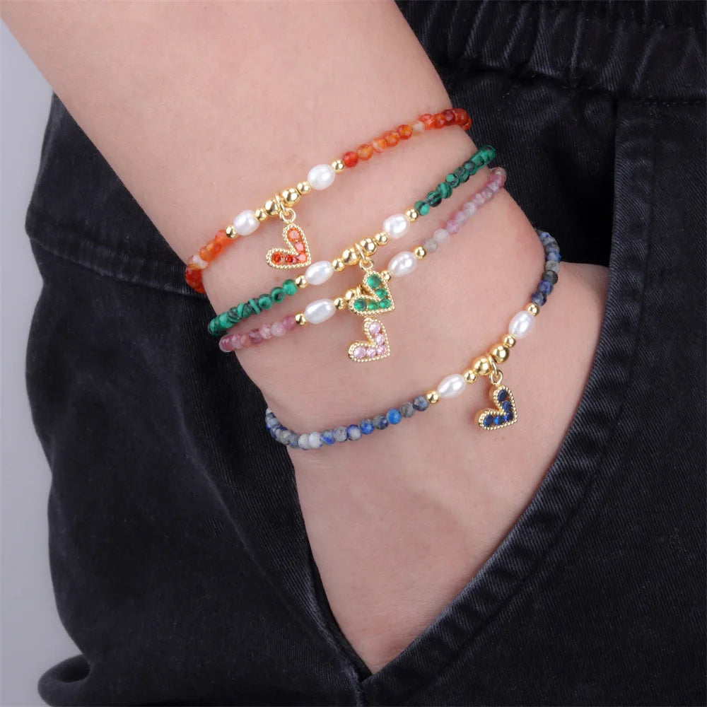 Heart CZ Charm Beaded Chain Bracelet Natural Gemstone Pearl Rose Crystal Bracelet Faceted Thin Beads Stacking Bracelet