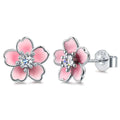 Wholesale 925 Sterling Silver White Gold Magnetic Pink Flower Enamel Stud Earrings for Girls Children Women Fashion Jewelry