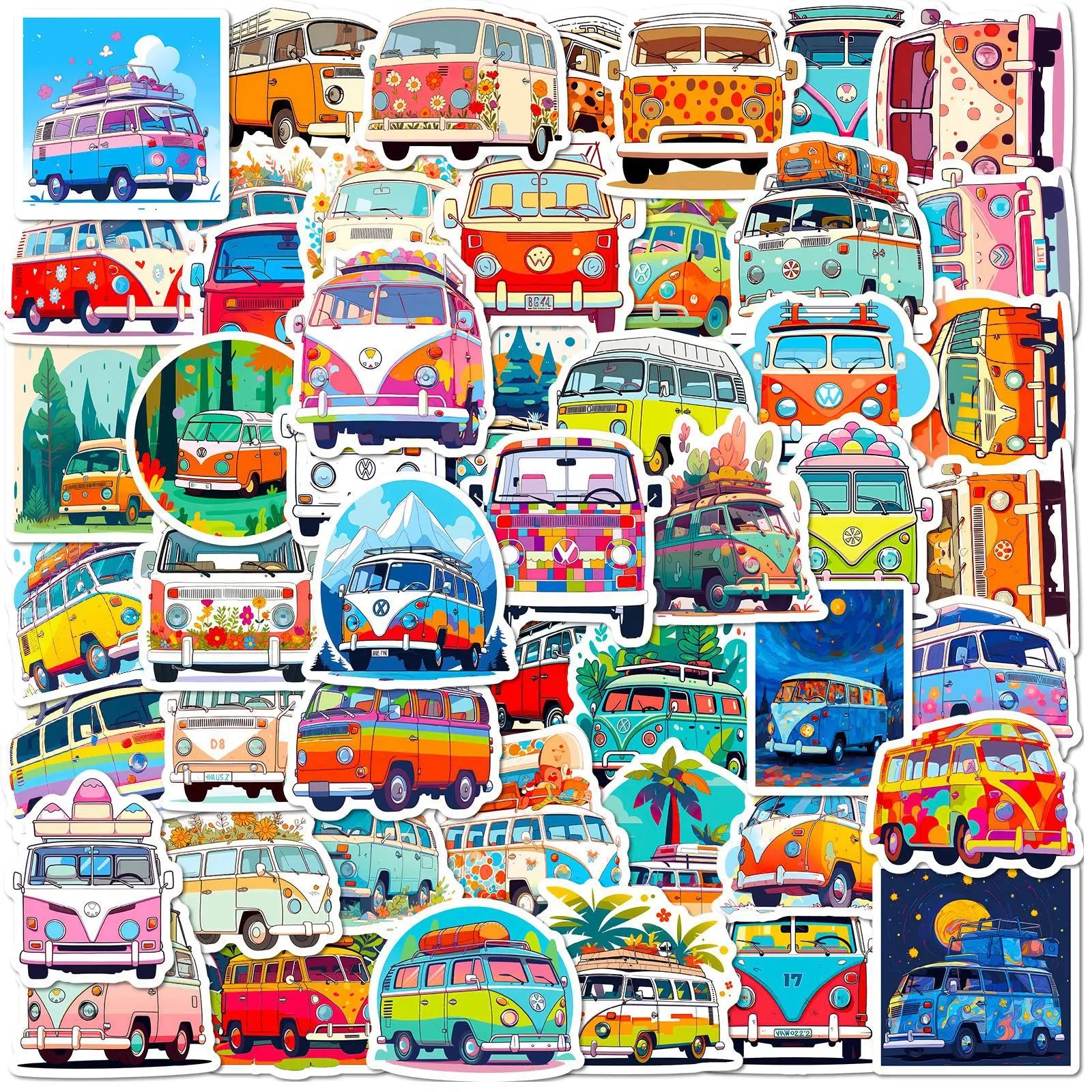 50pcs Vibrant trippy car decals aesthetic cute cartoon bus sticker