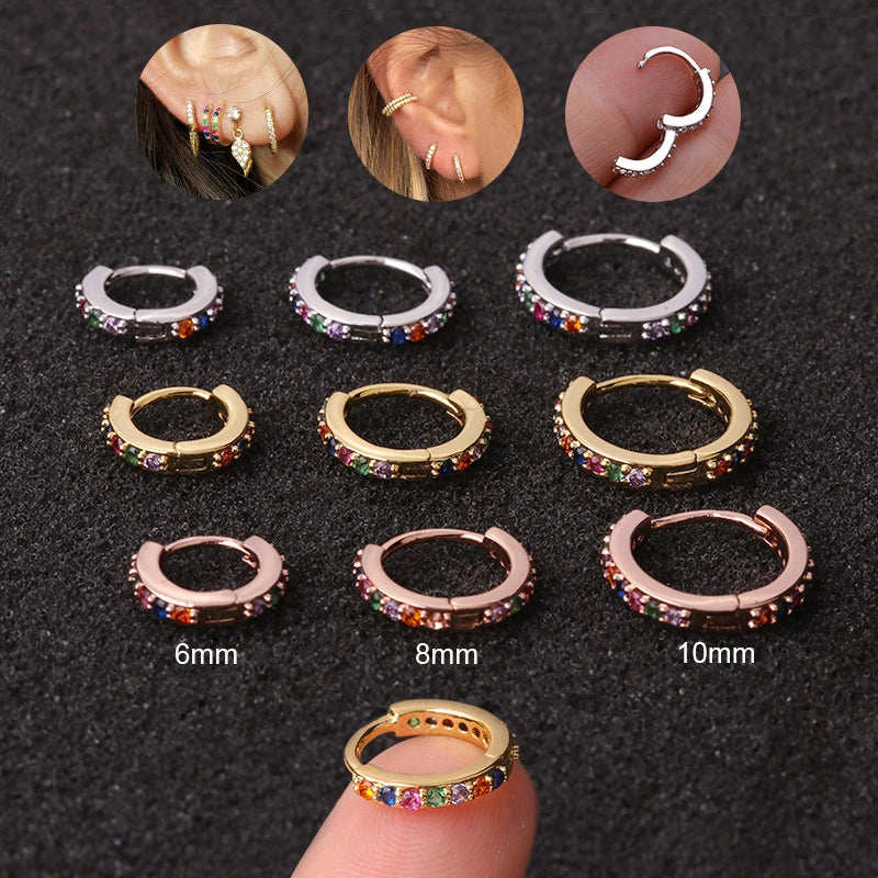 Women's Colorful Zircon 925 Sterling Silver Mini Hoop Earrings Gold Plated 6/8/10mm Diameter Safe Hinged Clasp Huggie Earrings