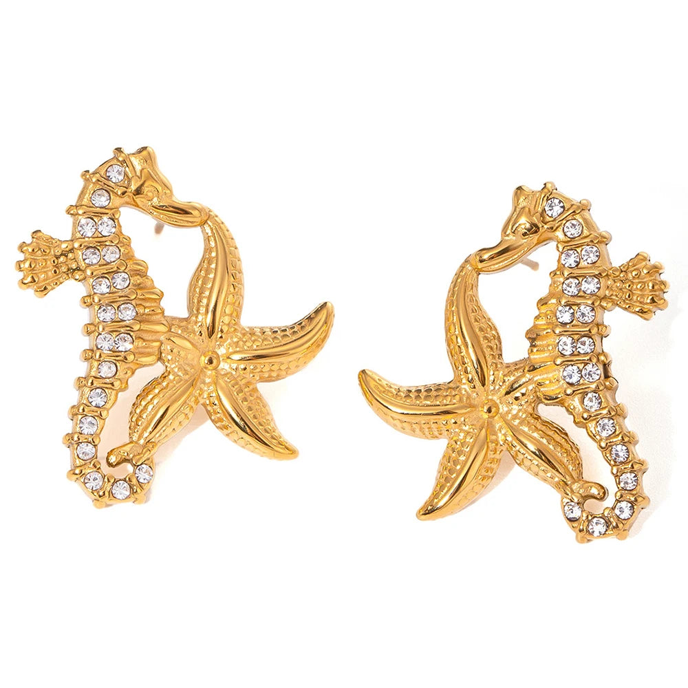 New Ocean Seahorse Starfish Rhinestone Zircon Stud Earrings 18K Gold Plated Stainless Steel Waterproof Summer Jewelry for Women