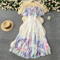 LW0697 Holiday Style One-Line Shoulder Ruffled Print Dress Feminine Chiffon Long Dresses Women Lady Elegant Printed Dress