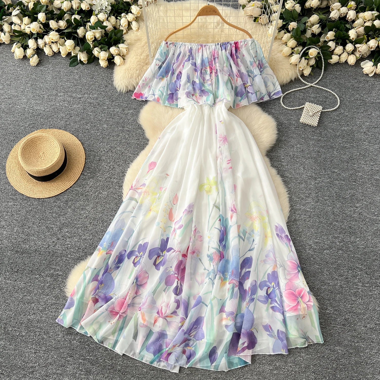 LW0697 Holiday Style One-Line Shoulder Ruffled Print Dress Feminine Chiffon Long Dresses Women Lady Elegant Printed Dress