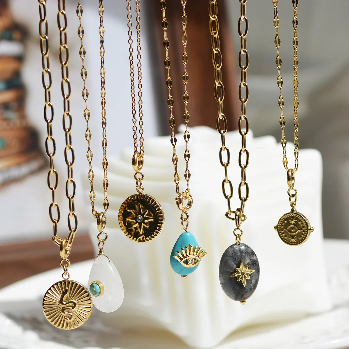 INS HOT 18K Gold Plated Titanium Steel Natural Stone Detachable Pendant Necklaces Jewelry Wholesale for Women and Female