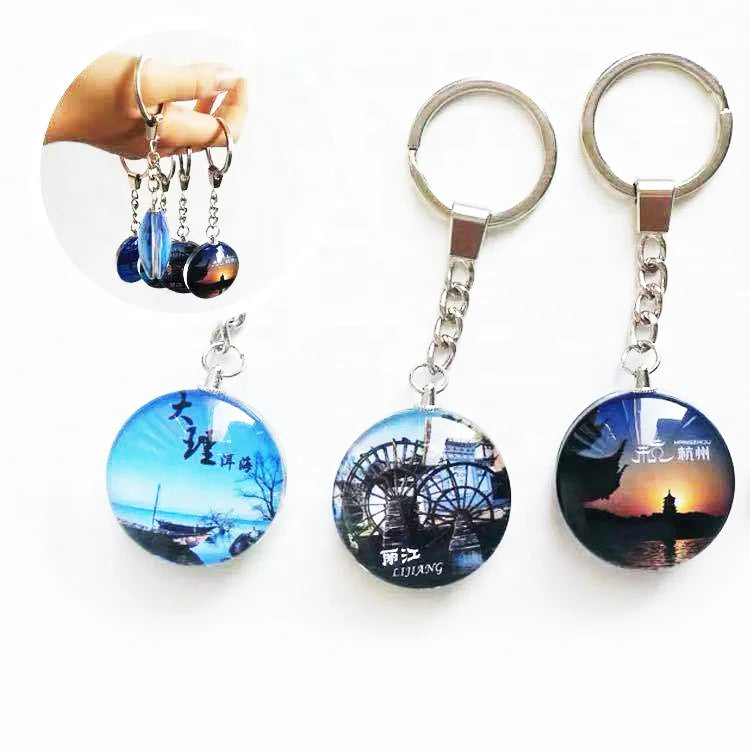 Promotional Color Sticker Key Ring Decoration Sublimation Photo Pendant Crystal Glass Key Chain Gift