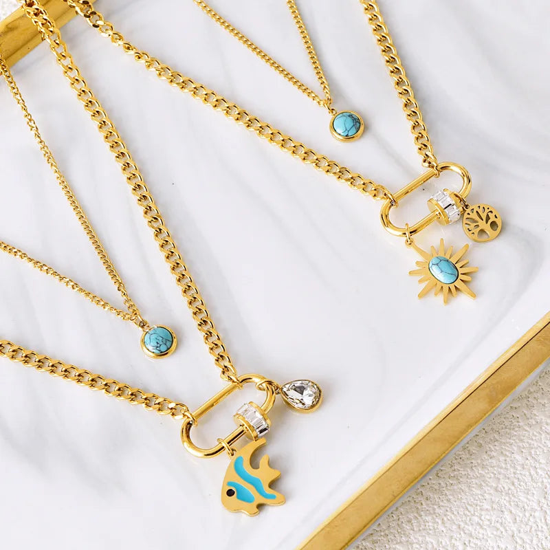 Retro Fashion Titanium Steel Jewelry Double Layer Necklace Turquoise Zircon Necklace for Sweater Chain Necklace