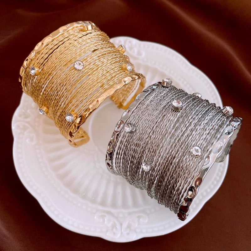 2025 New Arrival Retro Exaggerated Heavy Metal Iron Diamond Inlaid Multi-layer Open Bracelet Crystal Wire Cuff Bangle Bracelet