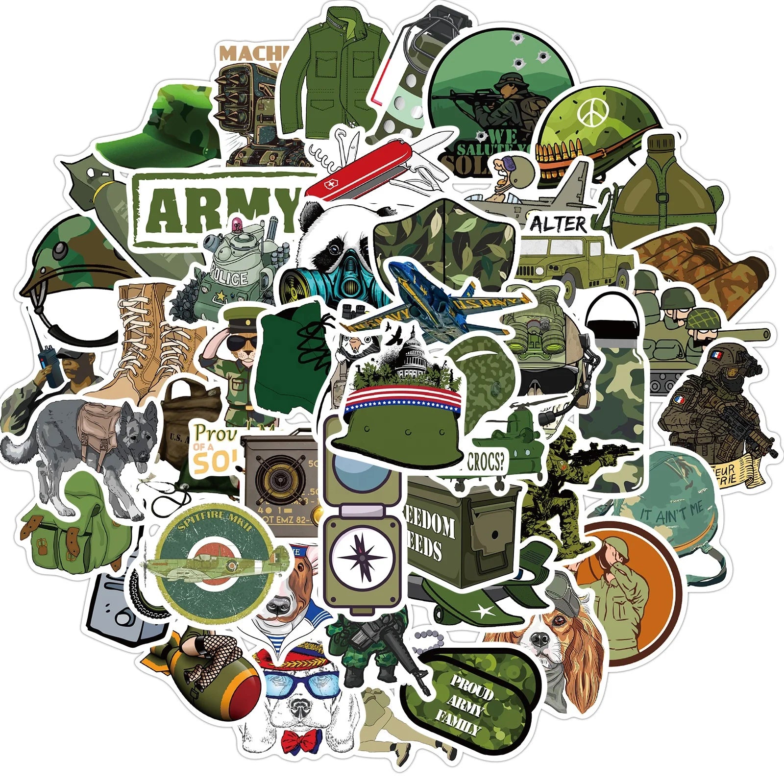 50Pcs Army Weaponry Military Cool Graffiti Label Green Sticker for Boy Waterproof Pvc Diy Phone Bottle Luggage Decor Stickers