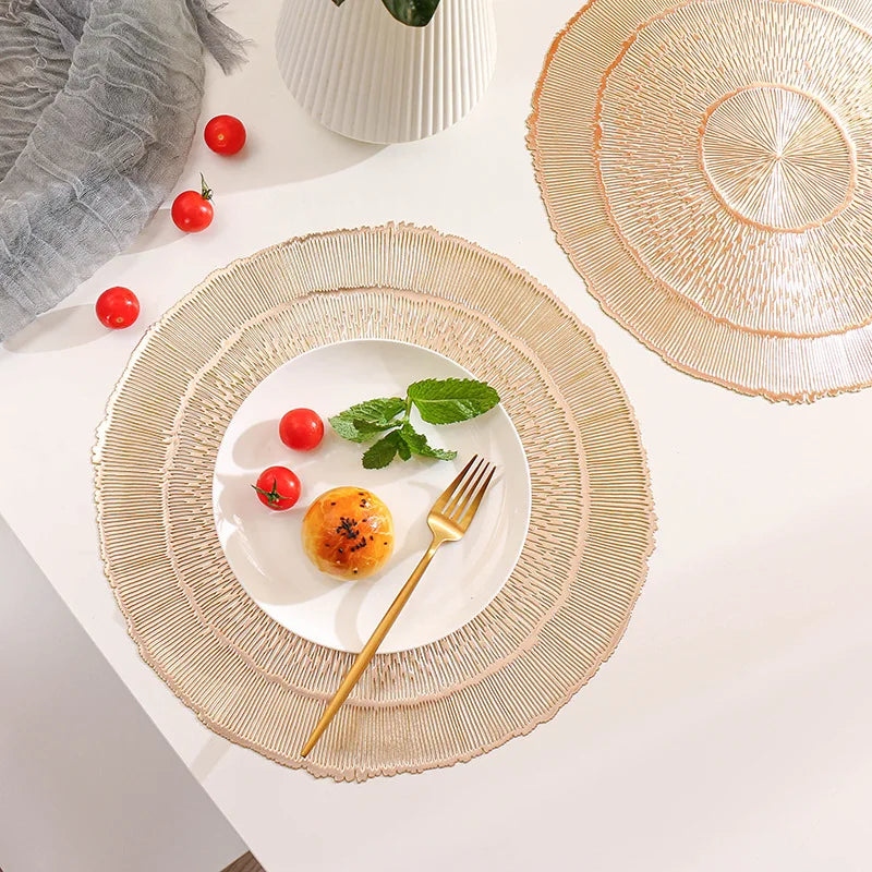 Gold Round Placemats Hollow Out Washable and Wipeable Place Mats Pressed Vinyl Table Mats Set for Anniversary Dinner Kitchen
