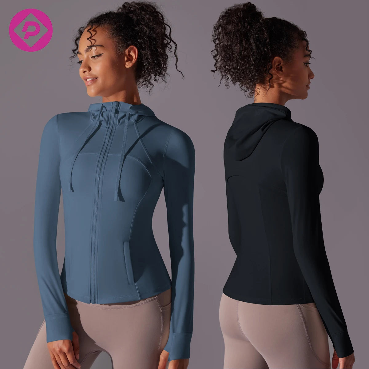 Women Full Zip Pocket Workout Hoodie Jackets Slim Fit Hooded Athletic Lightweight Yoga Top With Thumb Holes