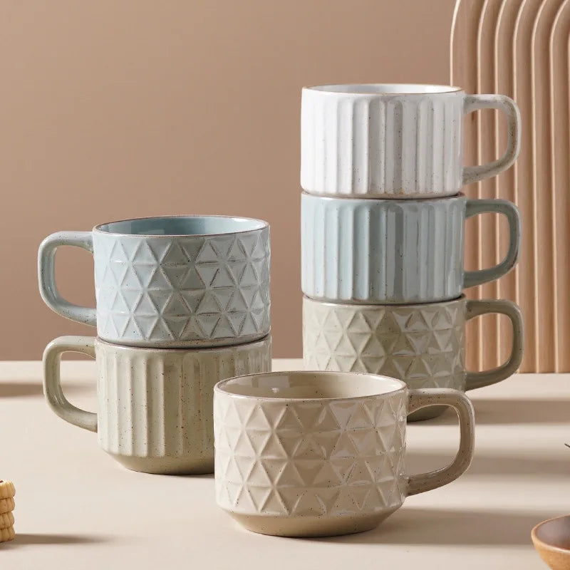 Solhui Wholesale Retro Embossed Simple Striped Ceramic Coffee Mug Creative Afernoon Tea Drinking Wtaer Cup