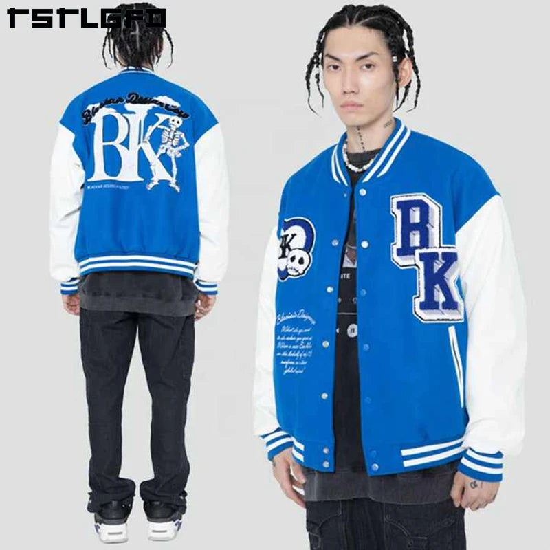 Drop Shipping Unisex Leather Baseball Jacket Chenille Embroidery Varsity Jacket Men Letters Patch Loose Baseball Jacket Man