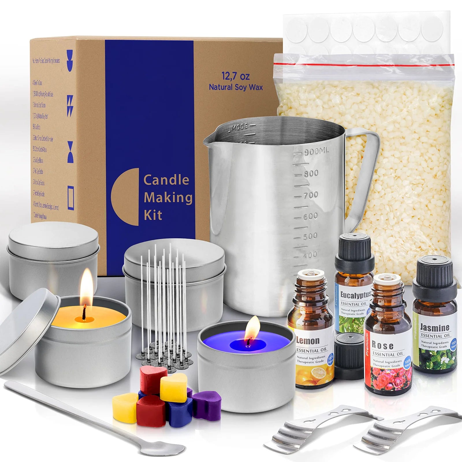 Candle Making Kit for Adults Easy Use Homemade Candle Kit for Beginners Include 12.7oz Soy Wax 50 Wicks 4 Color Dyes 4 Oil Scent