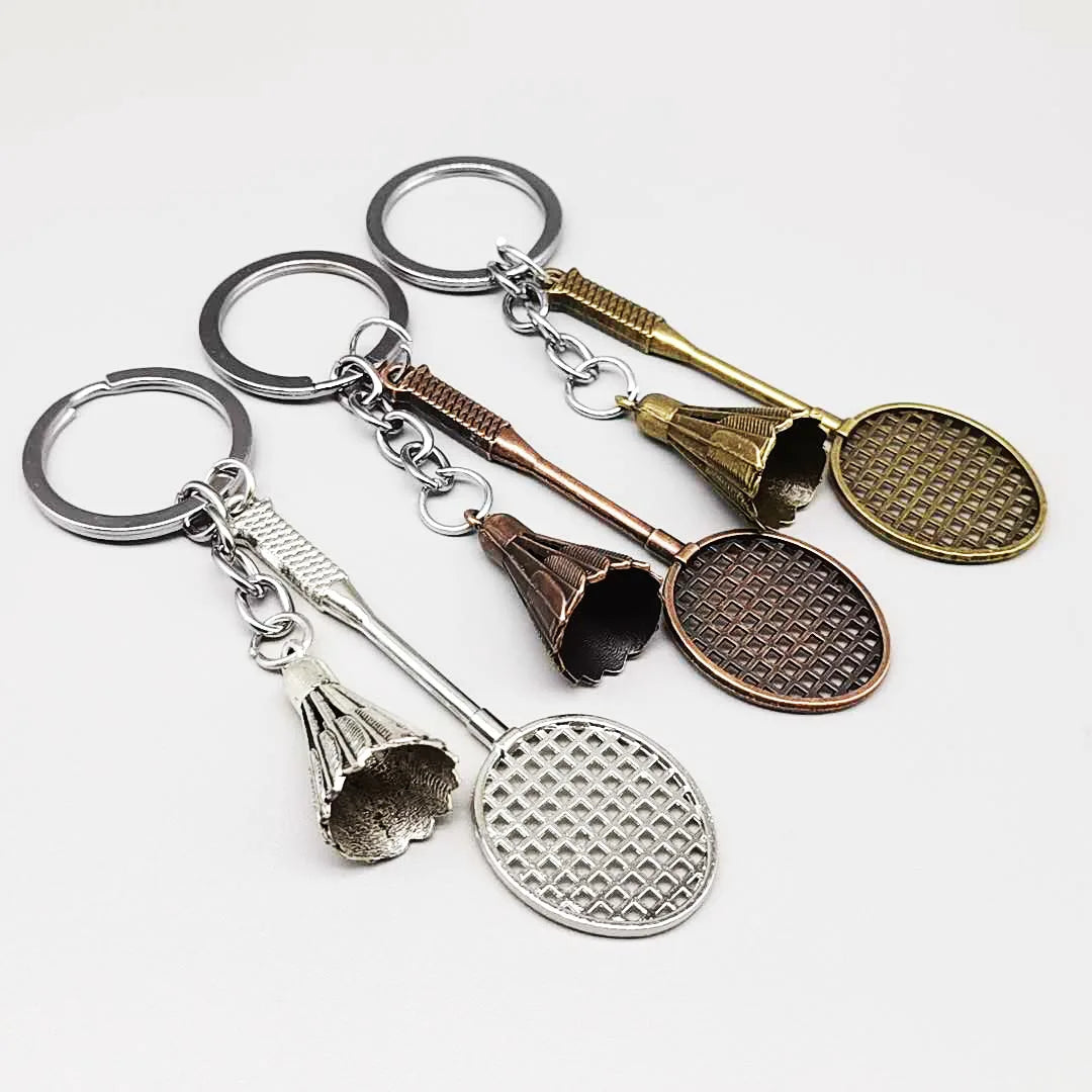Hot Selling Creative Vintage Metal Mini Badminton Charm Pendant Keychain for Sports Activities Gifts