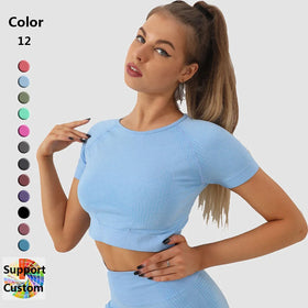 New Seamless Quick Dry Sports Crop Tops Women's Moisture-wicking Gym Fitness Short Sleeve Yoga Top