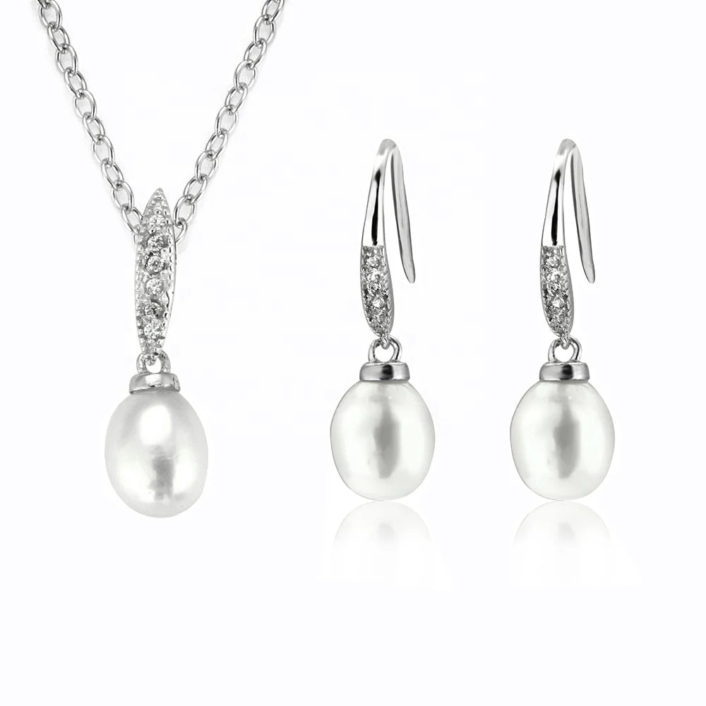 Simple Design 925 Sterling Silver Drop Cultured Freshwater Hook Pearl Earring Necklace Set Women Jewelry