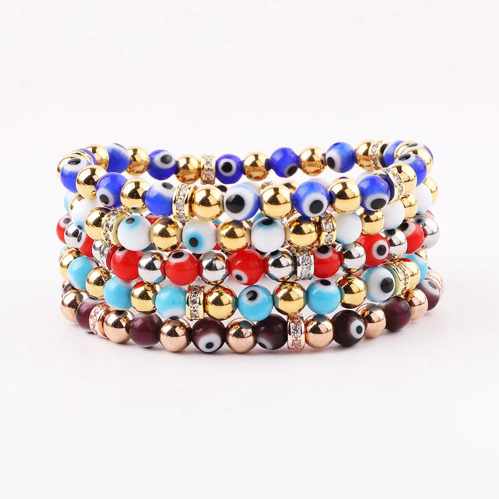 New Design Stainless Steel Mirco CZ Pave Spacers Lampwork Glass Eye Beads Elastic Bracelet Women JBS12300
