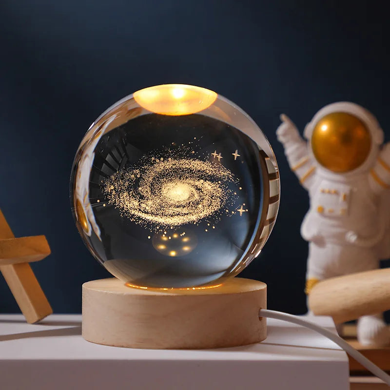 60mm Large 3d galaxy Crystal Ball Night Lamp Light Custom 3d Laser Engraved Crystal Glass Ball Crafts With Led Wooden Base