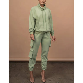 Wholesale Women Clothing Set 2 Piece Turtleneck Hoodie and Cargo Pants Set Custom logo Women Track Suit Cargo Pantalon Femme