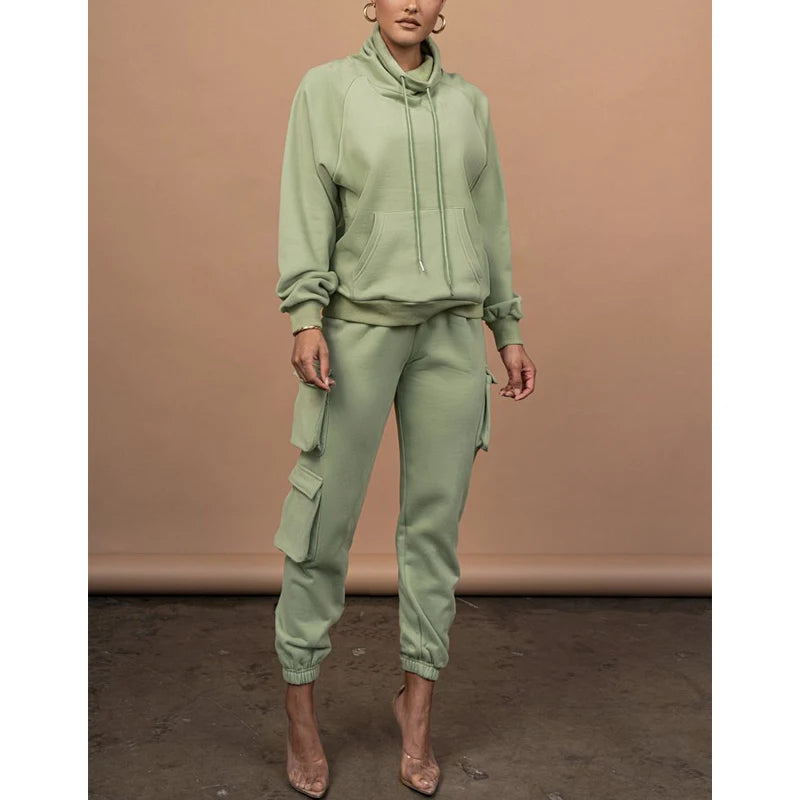 Wholesale Women Clothing Set 2 Piece Turtleneck Hoodie and Cargo Pants Set Custom logo Women Track Suit Cargo Pantalon Femme