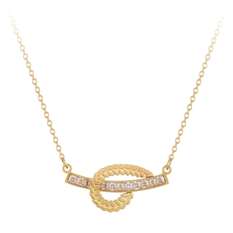 18K Gold Plated Stainless Steel Jewelry Gold Color Chain Olive Branch Leaf Shaped Zircon Pendant Necklaces P223315
