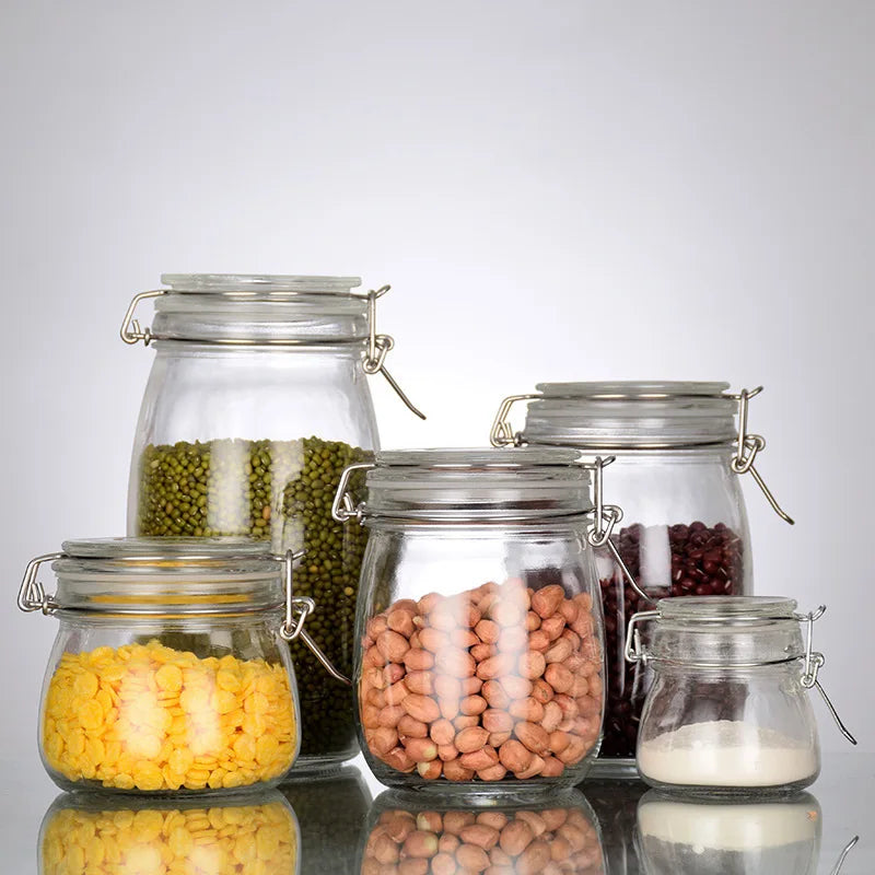500ml 750ml 1000ml 1500ml 2000ml Glass Storage Jars with Metal Airtight Locking Clamp Lid Back School Spice Smell Proof Heatable