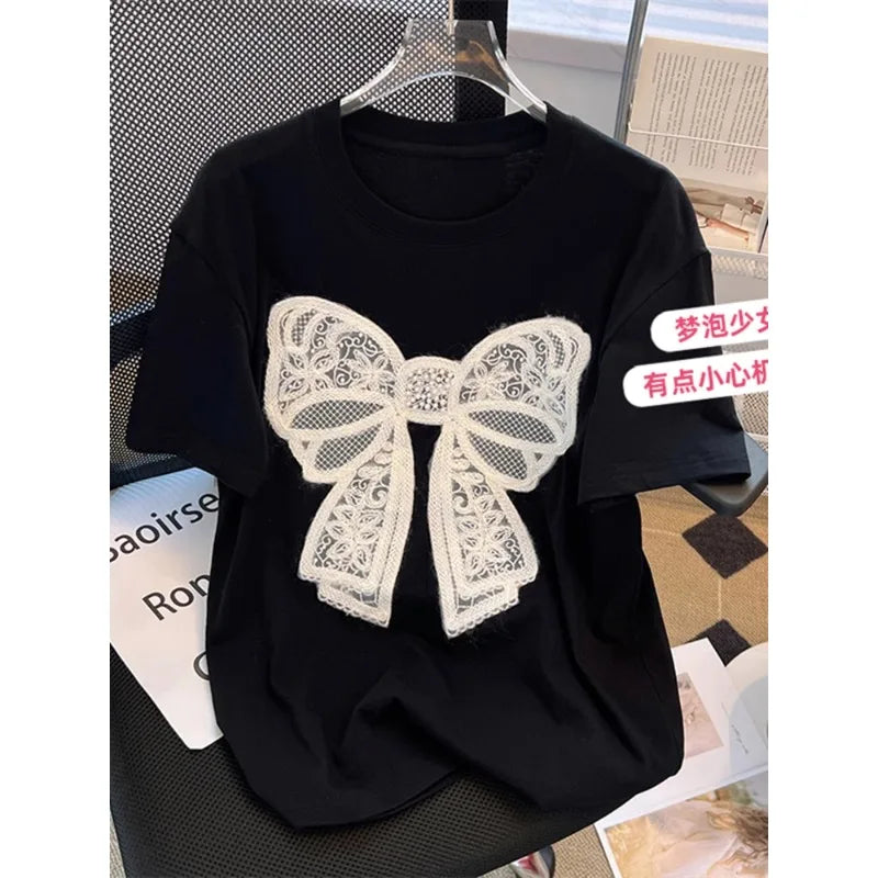 Boutique Wholesale 2025 Summer New Fashionable Round Neck Bow Short Sleeved Loose and Versatile Women's T-shirt