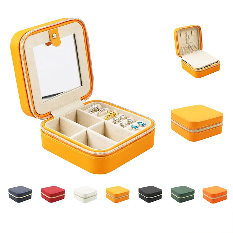 Travel Portable Luxury Ring Earring Necklace Jewellery Set Mirror Zipper Leather Pu Organizer Storage Gift Packaging Case Box
