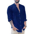Men Cotton Linen Cardigan Shirt Solid Color Casual Standing Collar Long Sleeved Button up Shirts