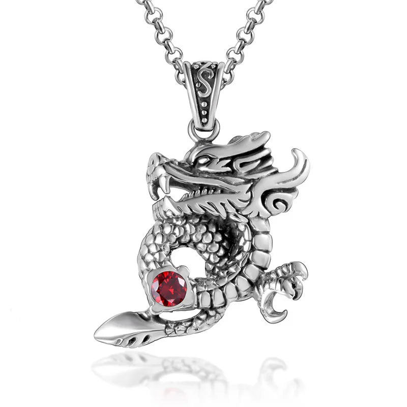 Chinese Style Myth Retro Red Diamond Necklace with Dragon Pendant Fine Pendants Charms Fashion Personality Jewelry for Hot Sale