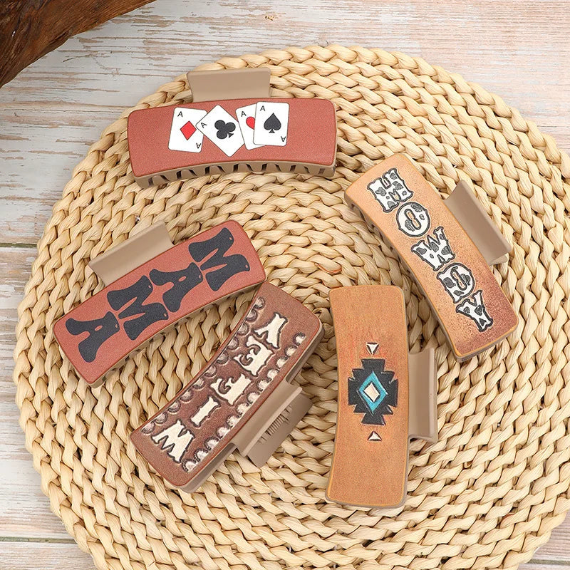 Wholesale Western Retro Acrylic Faux Leather Hair Claw Clips Poker Mama Howdy Design Large Grab Clip for Cowgirl Mother Gift