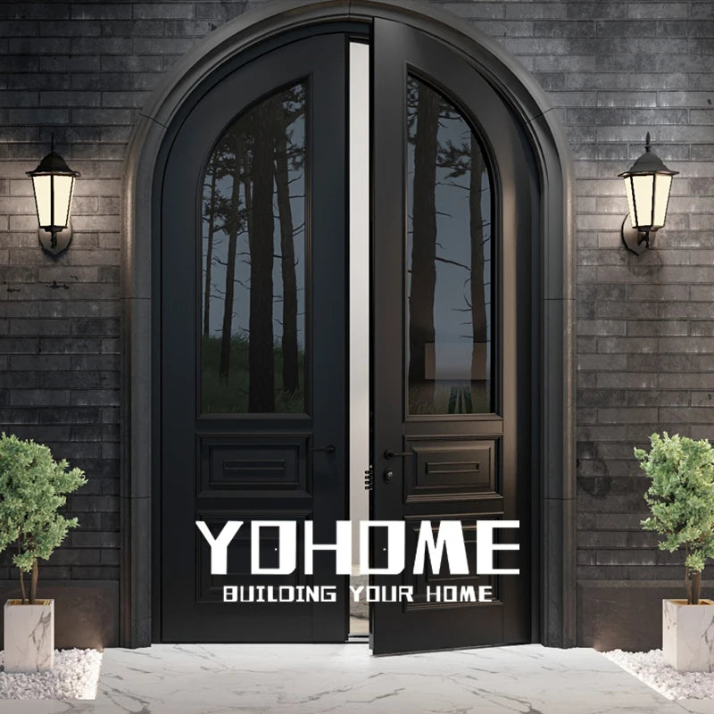 Top Manufacturer Black Double Front Entry Door With Half Around Arched Front Door With Half Glass Arched Top Exterior Doors