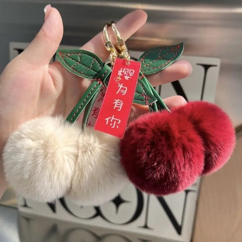 Real Rex Rabbit Fur Cute Small Cherry Car Keychain Pendant Cute Plush Ball Doll Bag Hanging Pendant Ornaments