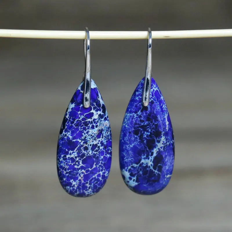 Natural Sea Sediment Teardrop Earrings Gemstone Dangle Earrings 18k Gold Plated Needle Imperial Jasper Stone Drop Earrings