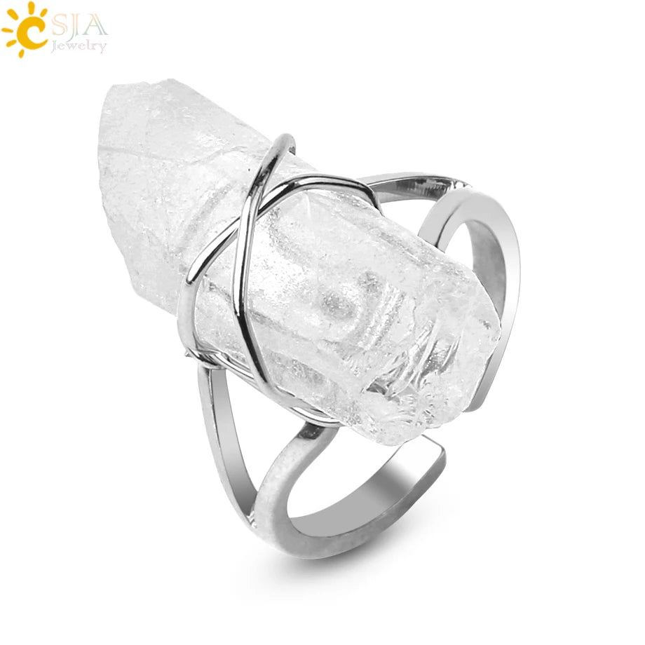 CSJA Irregular Natural Stone Silver Color Wire Wrapped Crystal Pillar Open Ring for Women G455