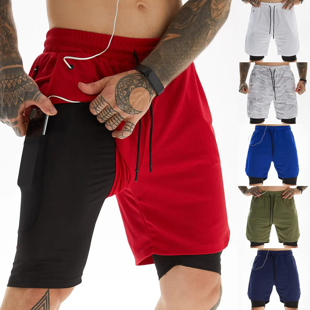 Quick Dry Workout Jogger Running Double Deck Men's Elastic Waist Shorts With Pockets and Earphone Line Hole