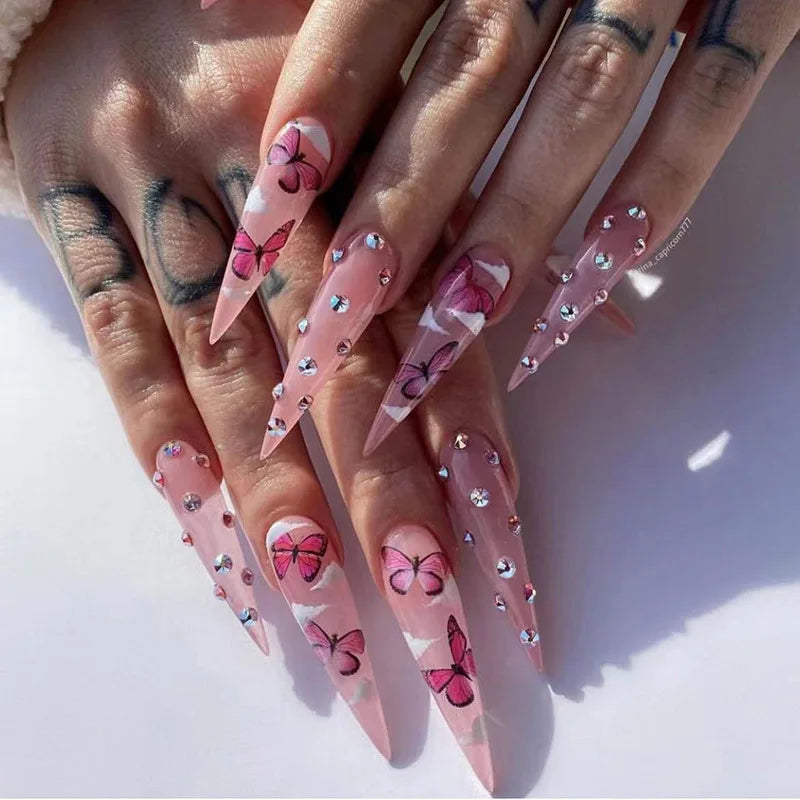 24pcs Long Stiletto Butterfly ABS Press-On Nails Fashionable French Design with Nail File Wholesale Application for Finger