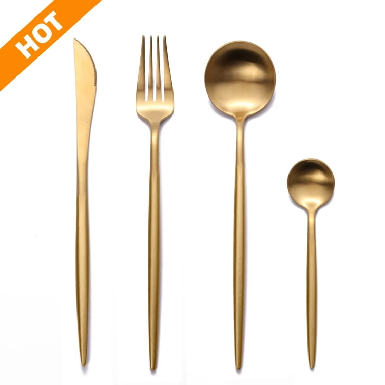 Matte Gold 18/10 Stainless Steel Eco-Friendly Portuguese Modern Flatware Wedding High End Home Use Cutlery Set
