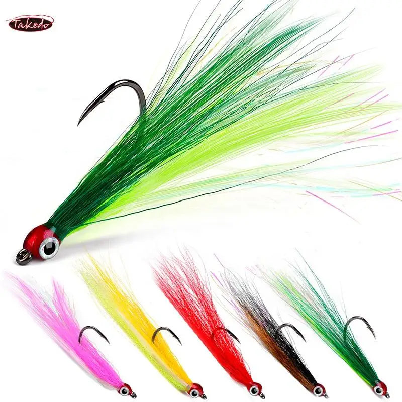 TAKEDO SZ067 SZ068 5PCS/BAG High Carbon Steel Fishing Hook 3D Eye With Feather Round Hook Jigging Assist Hook