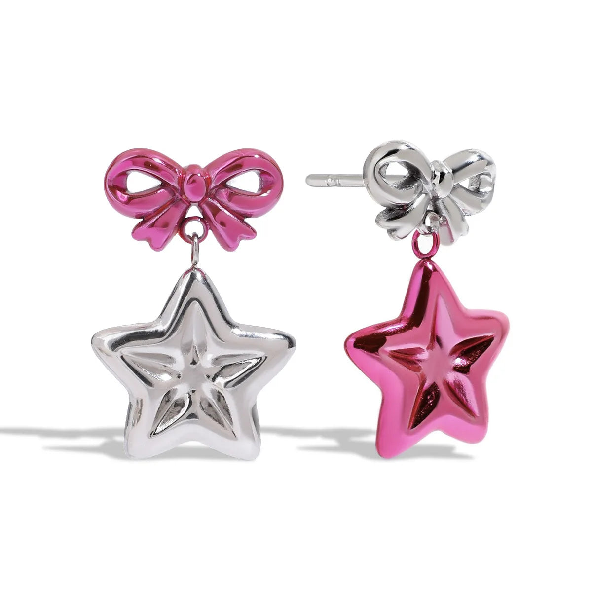 N&S Y2K Wind 18K Stainless Steel Stud Earrings with AB Star Bow Pink Spray Paint Trendy Style for Gift
