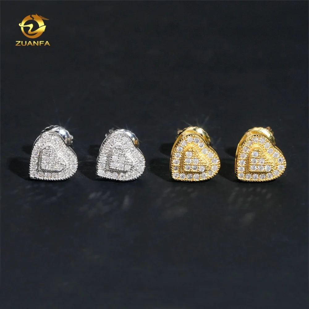 Hip Hop Style Heart Stud Iced Out GRA Certified Moissanite Diamond 925 Sterling Silver Earrings