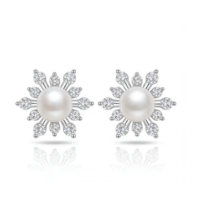 New Arrival 925 Fine Sterling Silver Snowflake Freshwater Pearl Stud Earrings Jewelry for Women