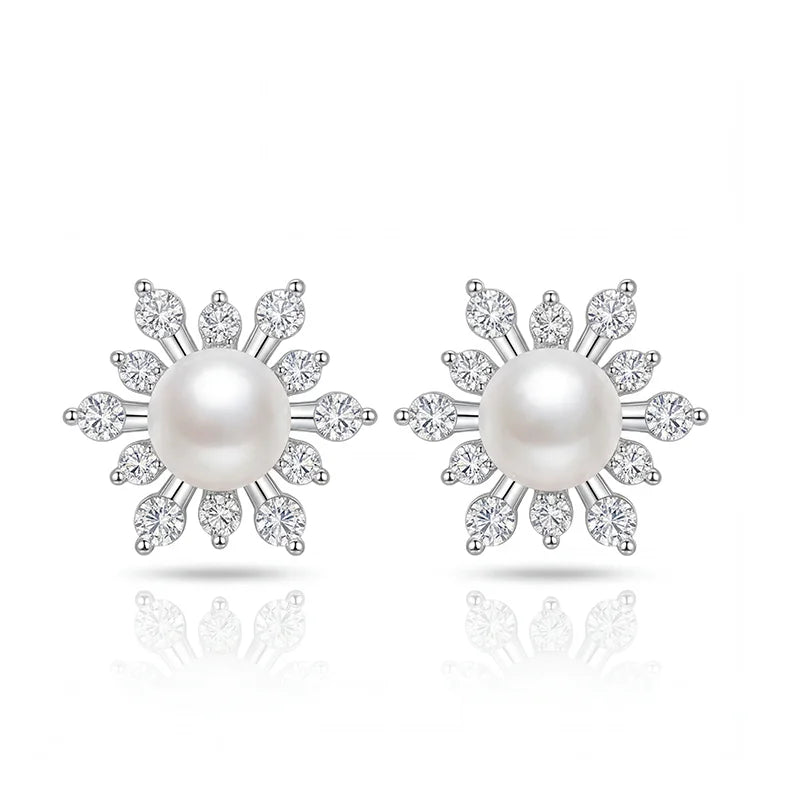 New Arrival 925 Fine Sterling Silver Snowflake Freshwater Pearl Stud Earrings Jewelry for Women